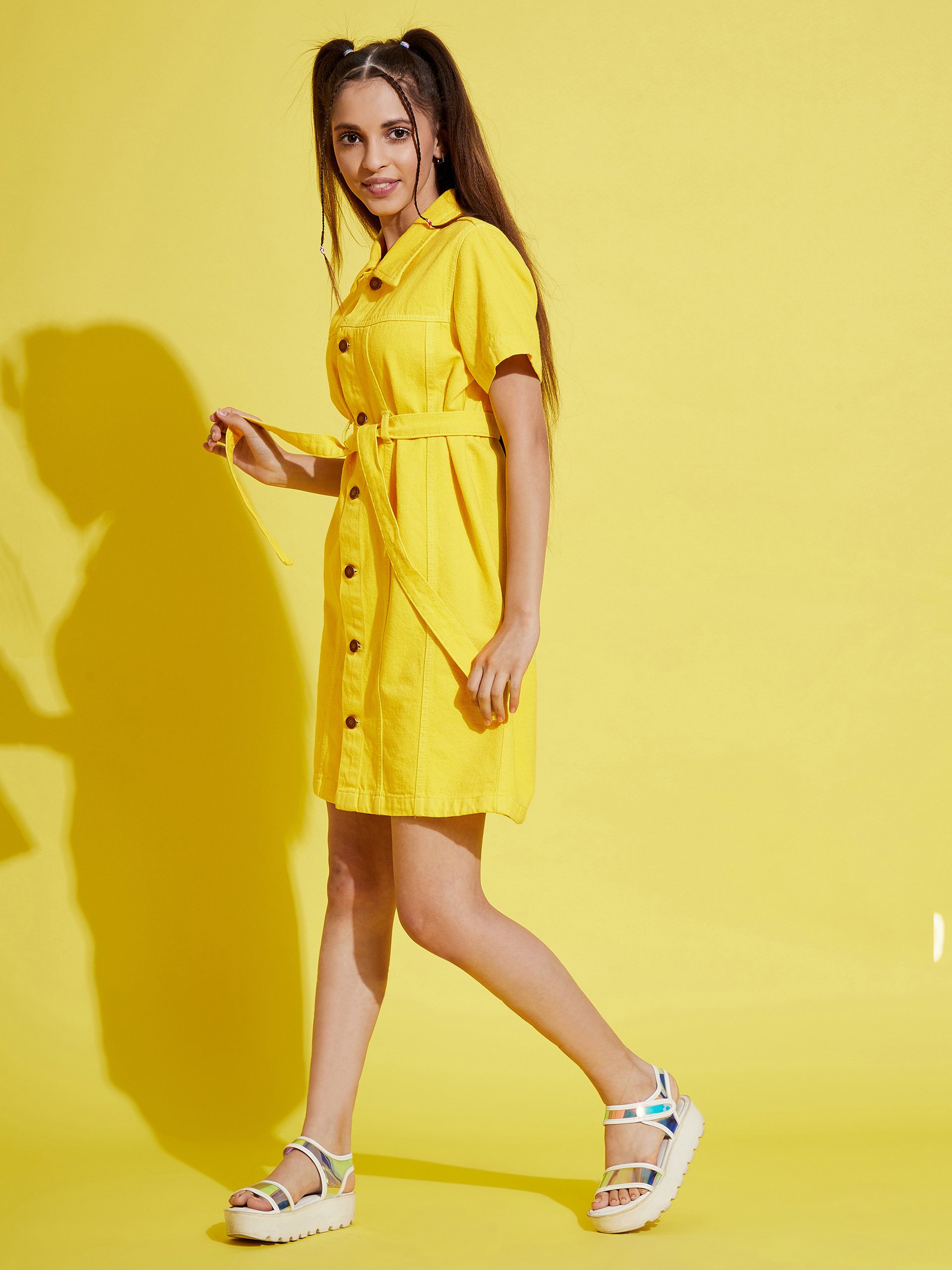 Yellow Knee-Length Shirt Dress 