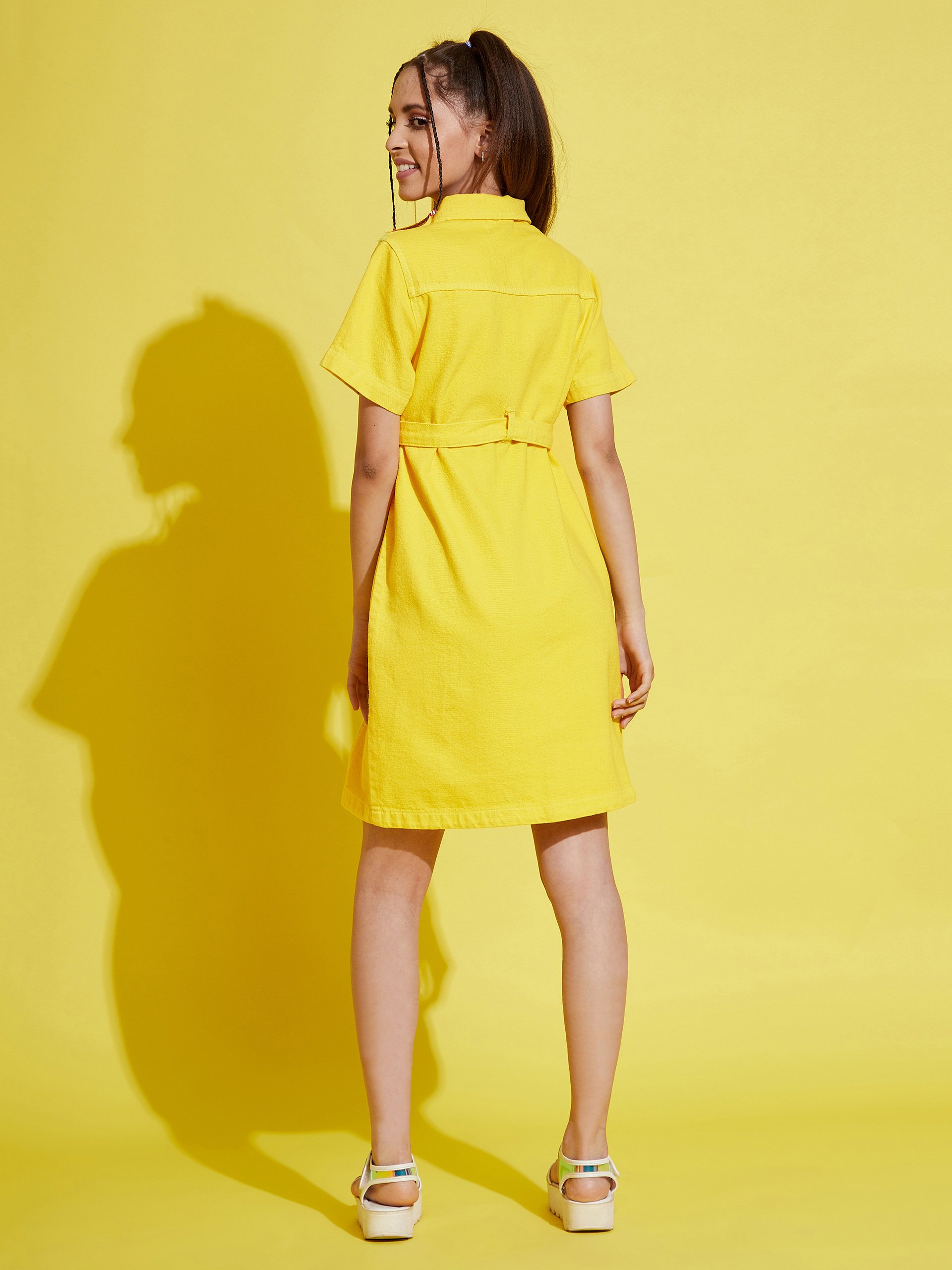 Yellow Knee-Length Shirt Dress 