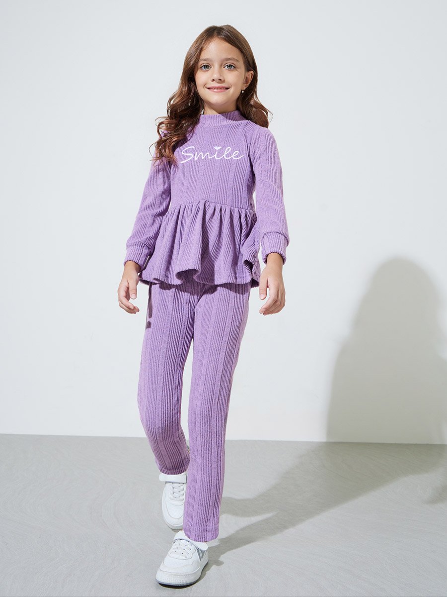 Girls Purple Embroidered Ruffle Details Peplum Top and Straight Leg Pants Set