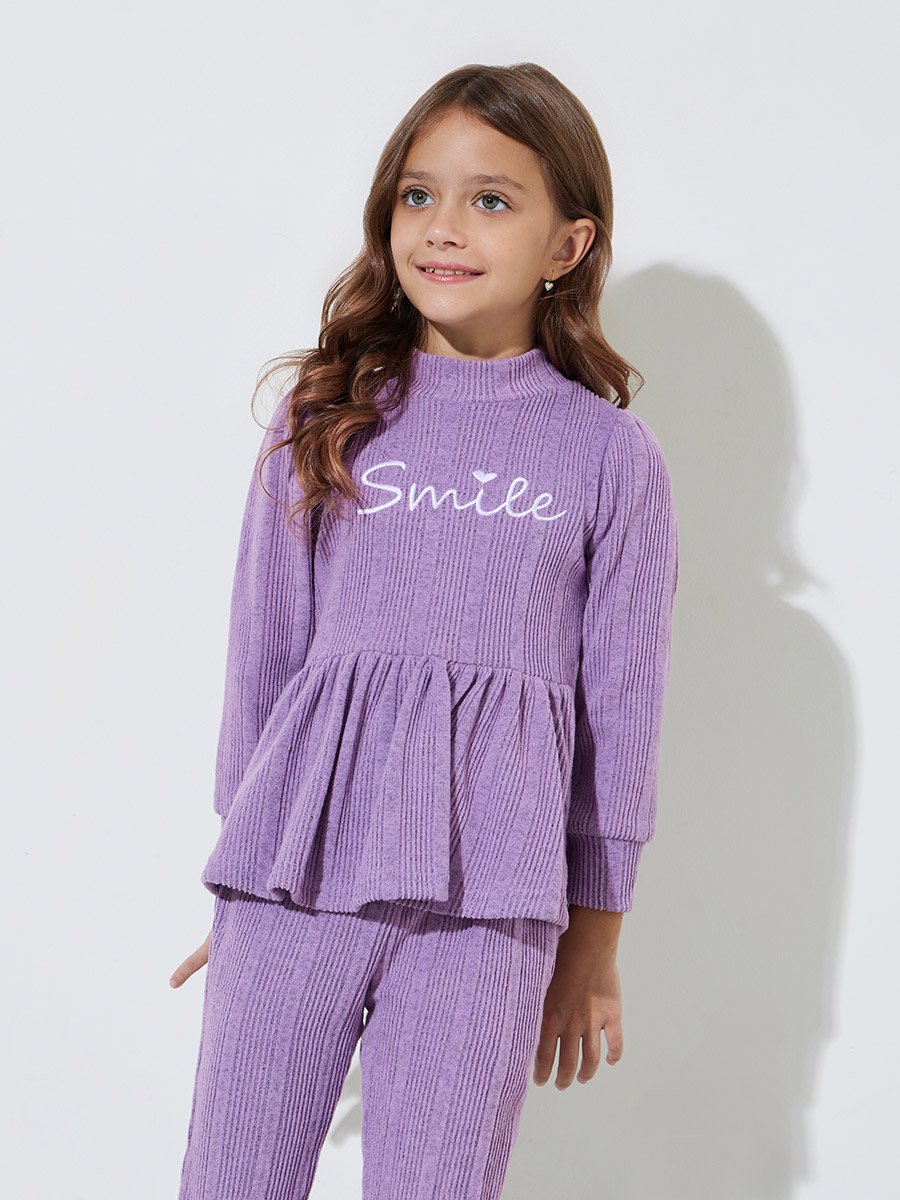 Girls Purple Embroidered Ruffle Details Peplum Top and Straight Leg Pants Set