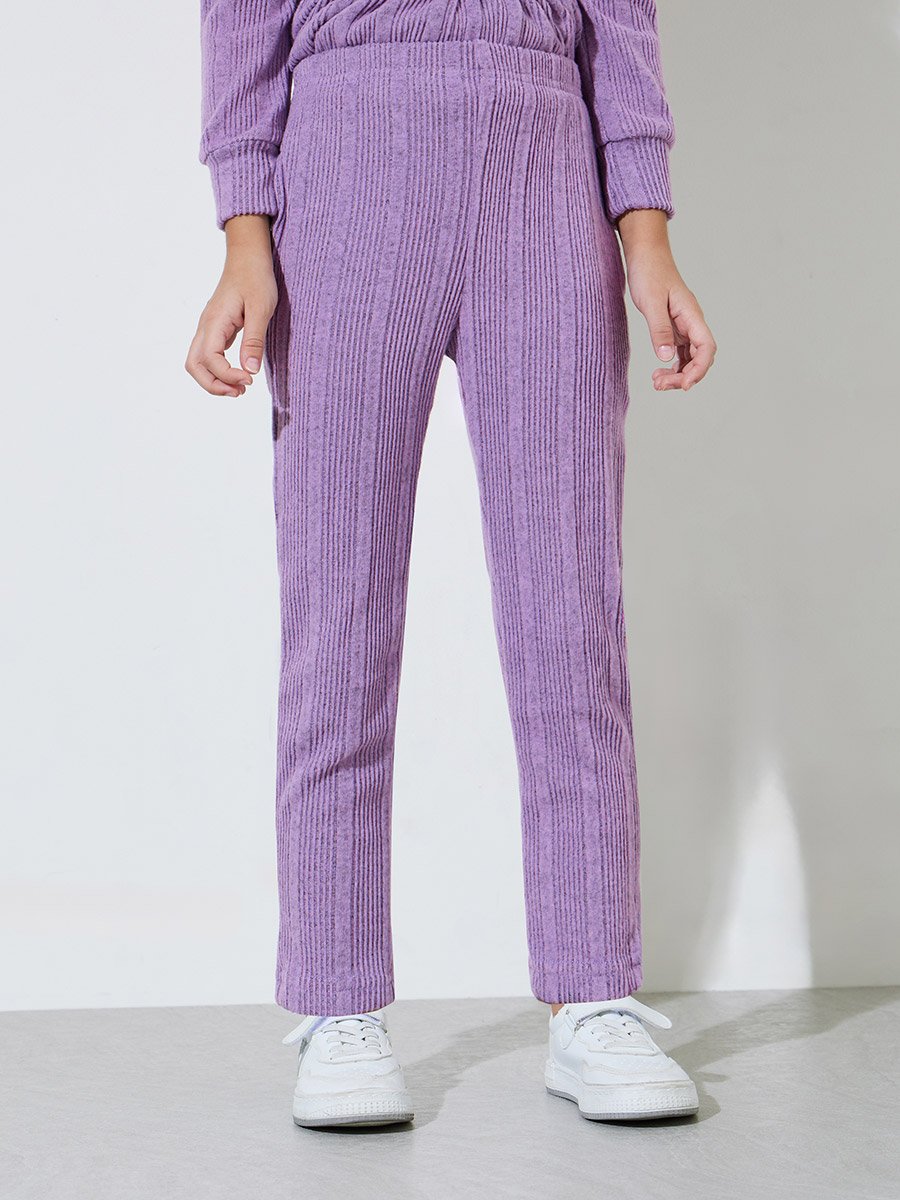 Girls Purple Embroidered Ruffle Details Peplum Top and Straight Leg Pants Set