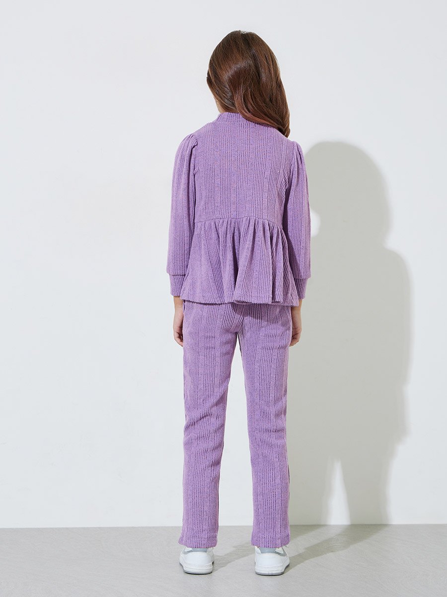 Girls Purple Embroidered Ruffle Details Peplum Top and Straight Leg Pants Set
