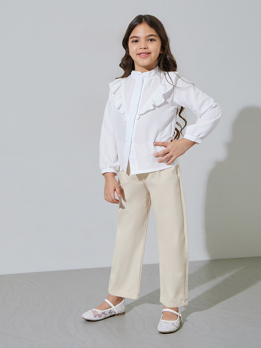 Girls White Solid Ruffle Details Mandarin Collar Shirt