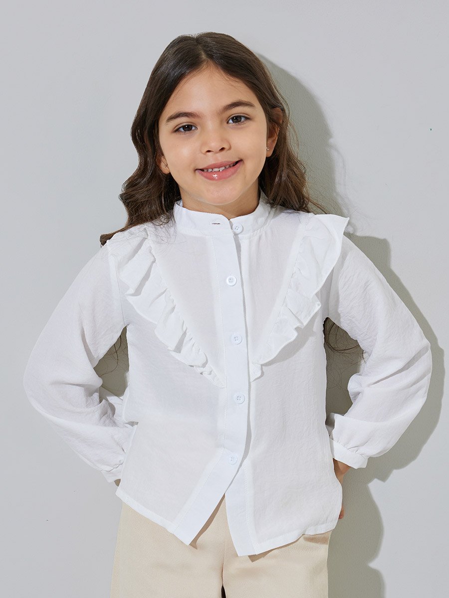 Girls White Solid Ruffle Details Mandarin Collar Shirt