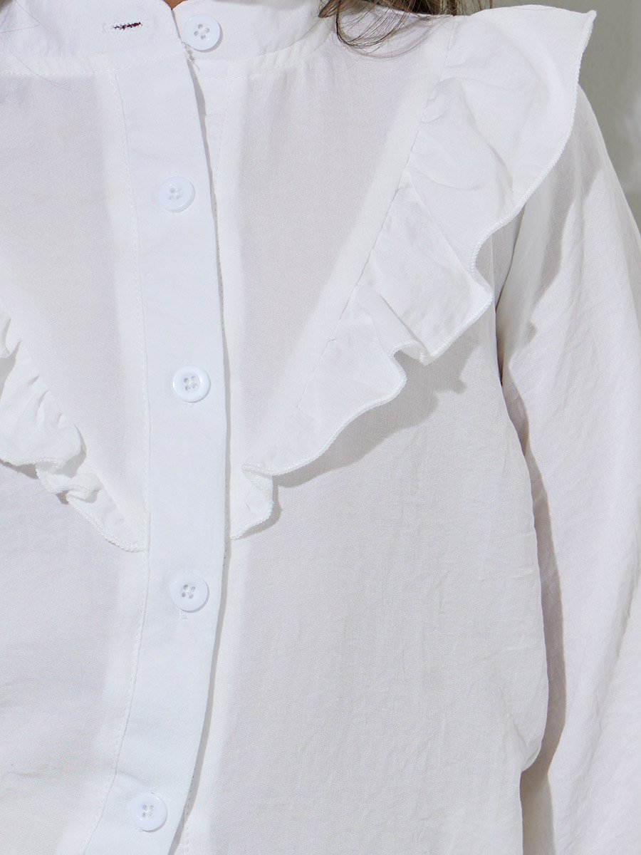 Girls White Solid Ruffle Details Mandarin Collar Shirt