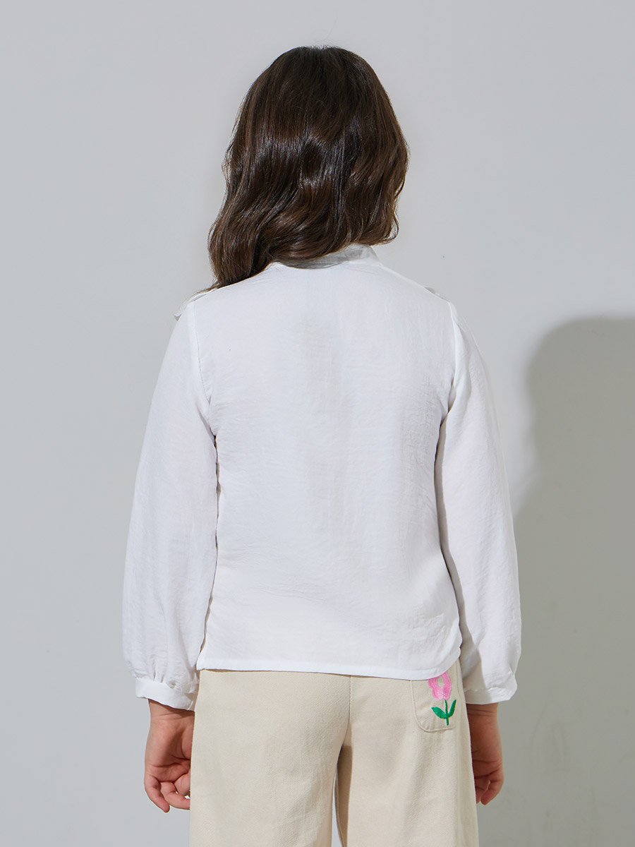 Girls White Solid Ruffle Details Mandarin Collar Shirt