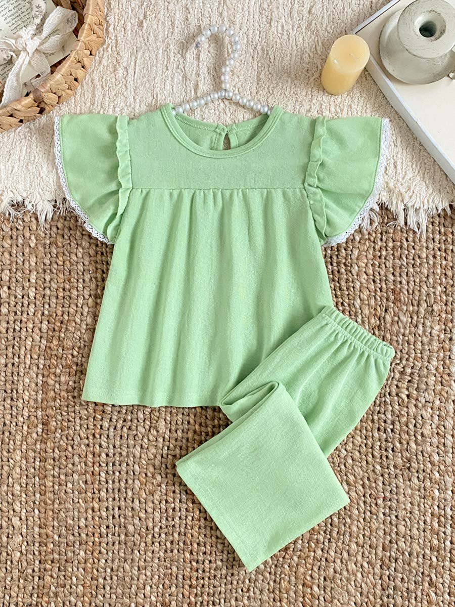 Kids Plain Green Cotton Knitted Short Sleeve Pajama Set