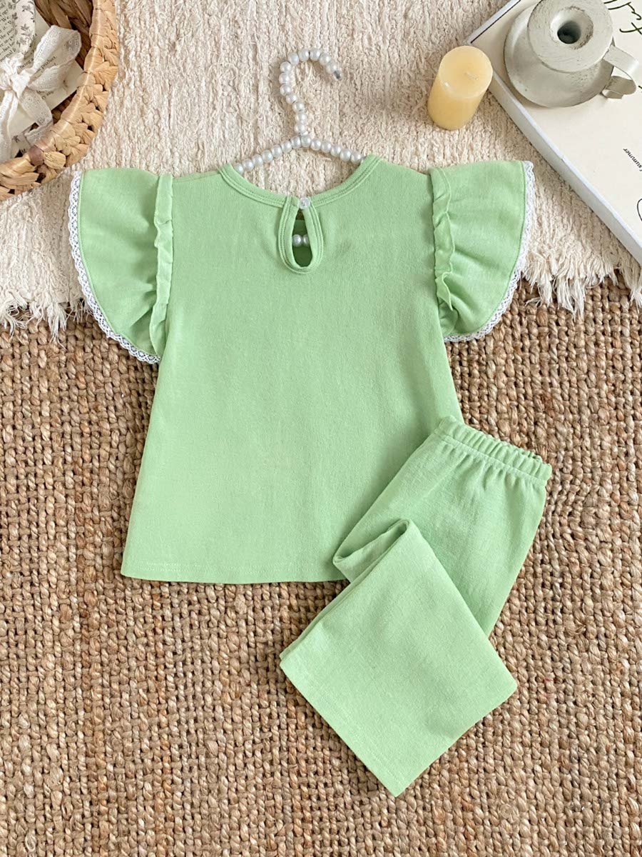 Kids Plain Green Cotton Knitted Short Sleeve Pajama Set