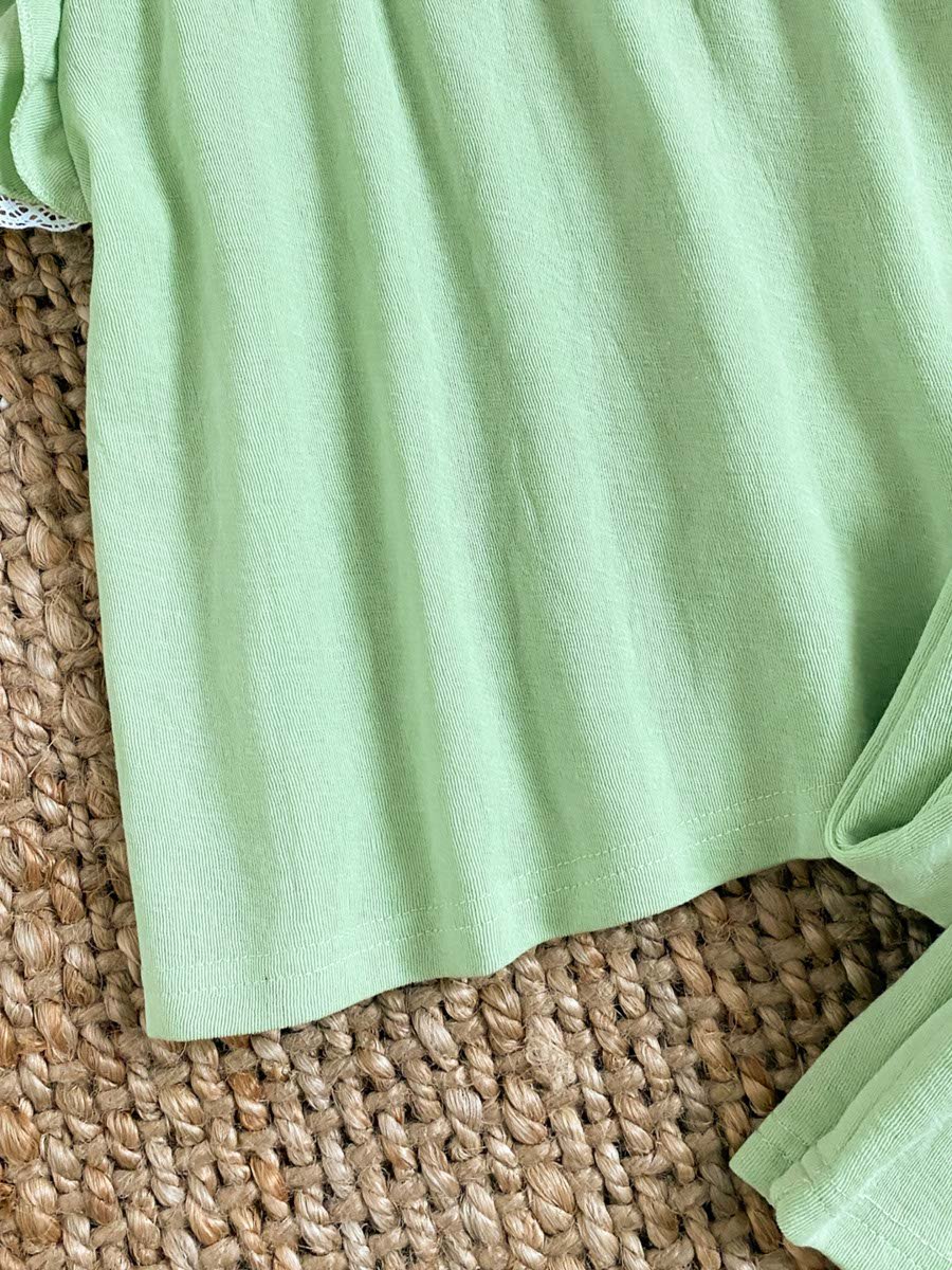 Kids Plain Green Cotton Knitted Short Sleeve Pajama Set