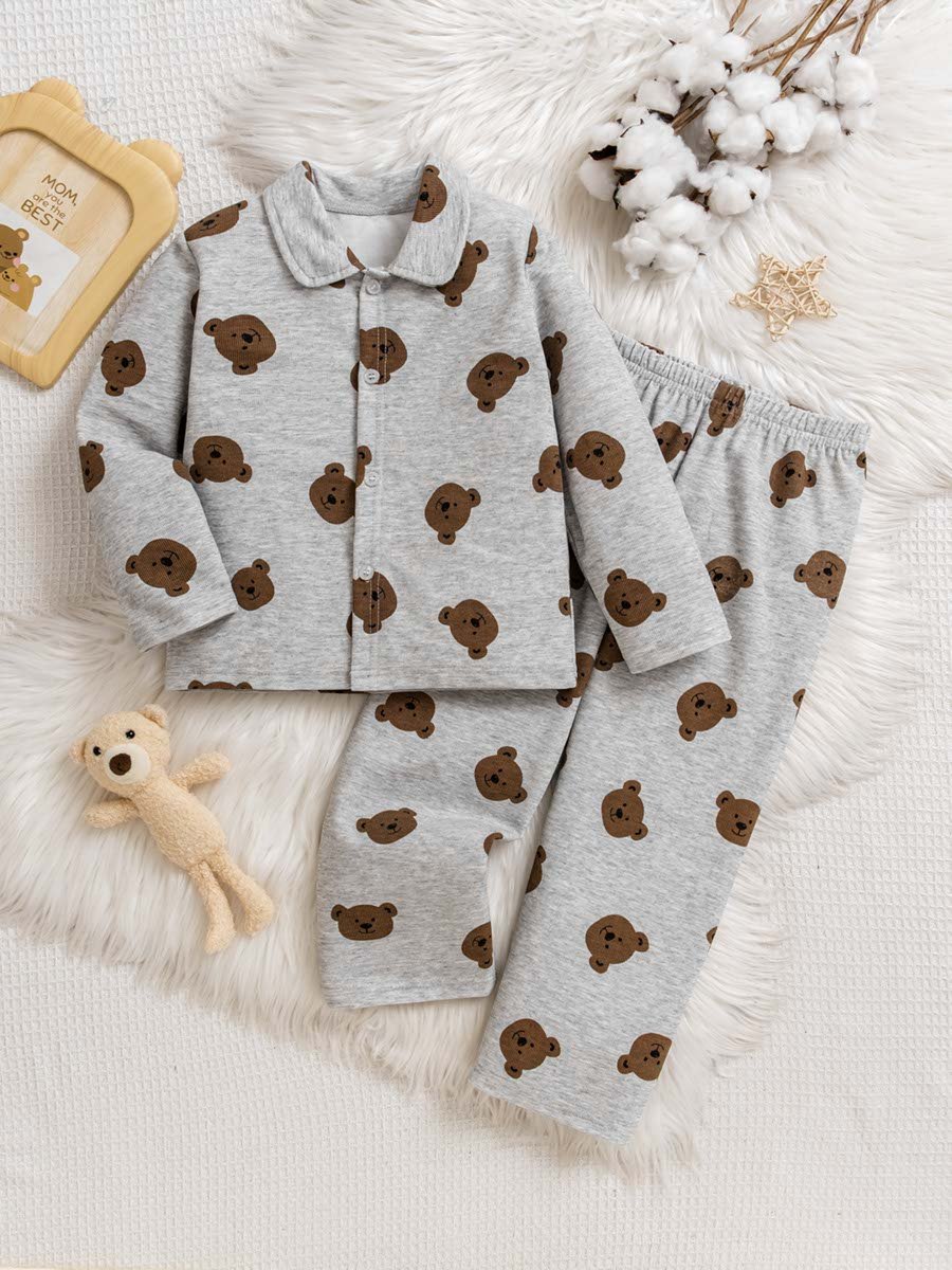 Kids Grey Bear Print Long Sleeve Pajama Set