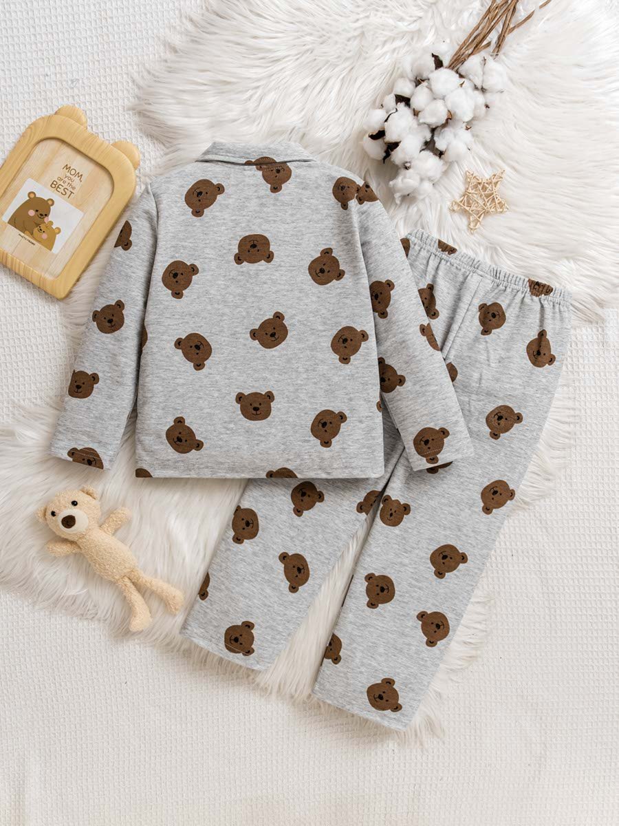Kids Grey Bear Print Long Sleeve Pajama Set