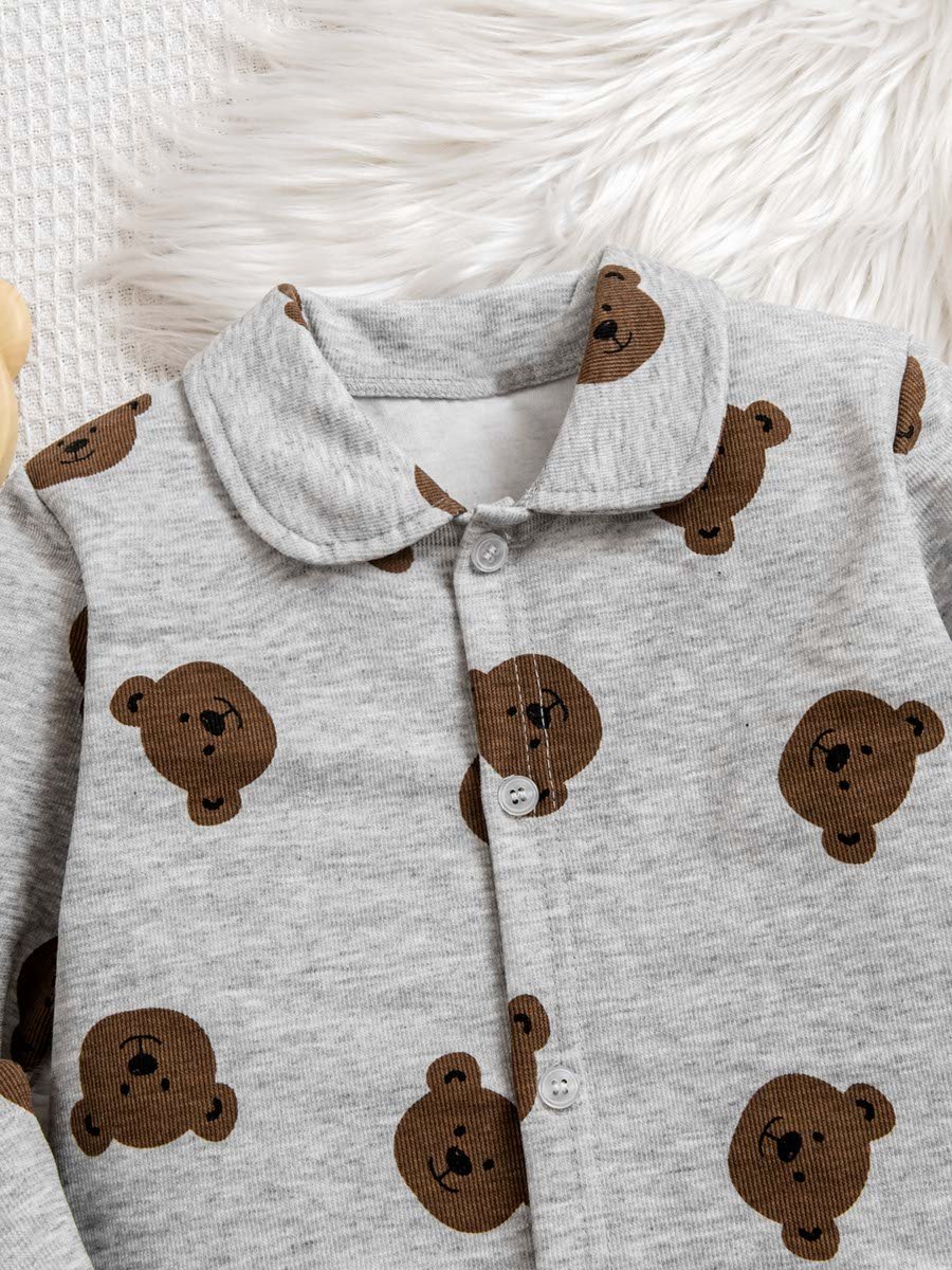 Kids Grey Bear Print Long Sleeve Pajama Set