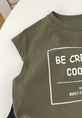 Green Slogan Round Neck Top