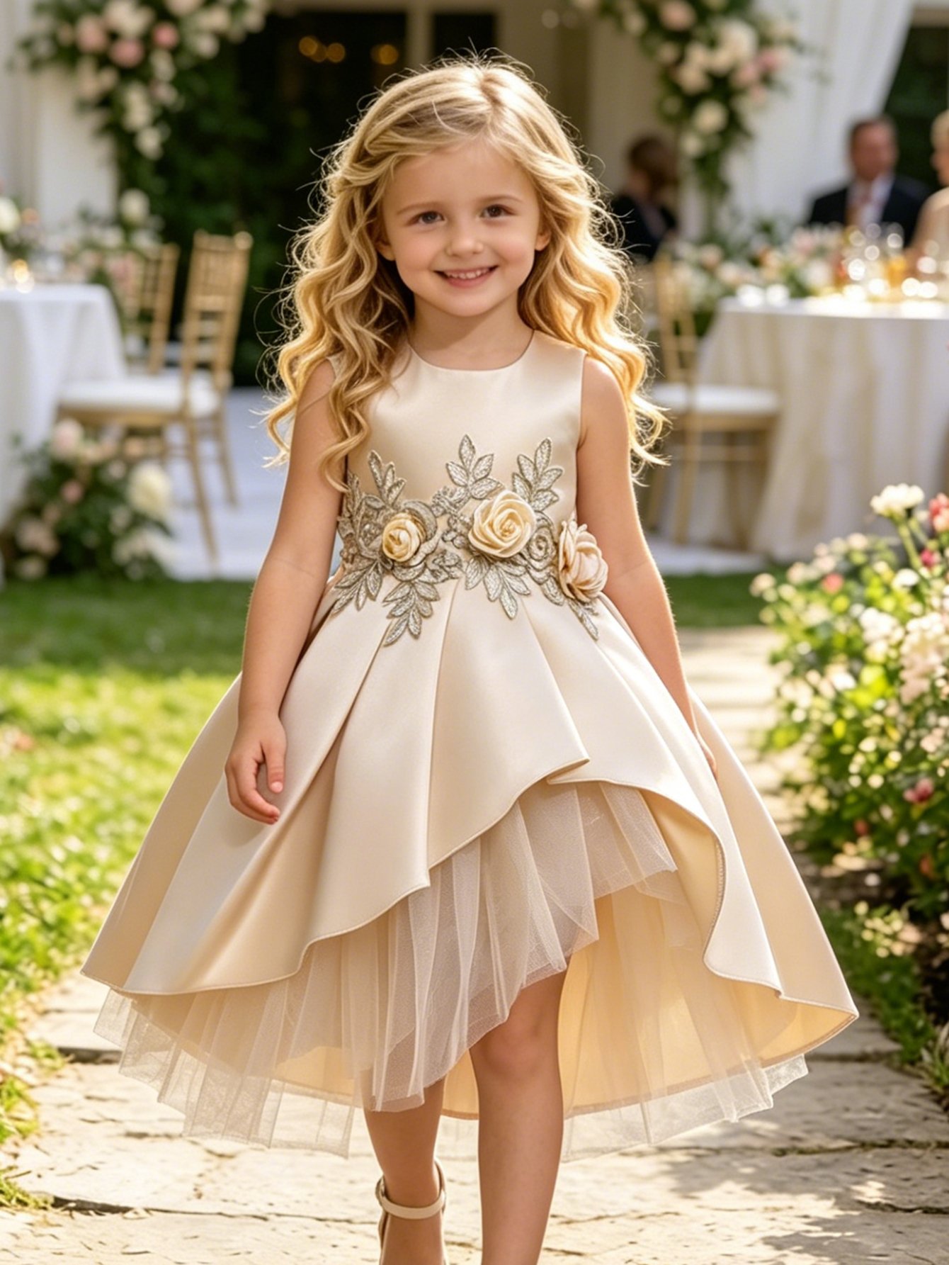Beige A-Line Knee-Length Flower Dress