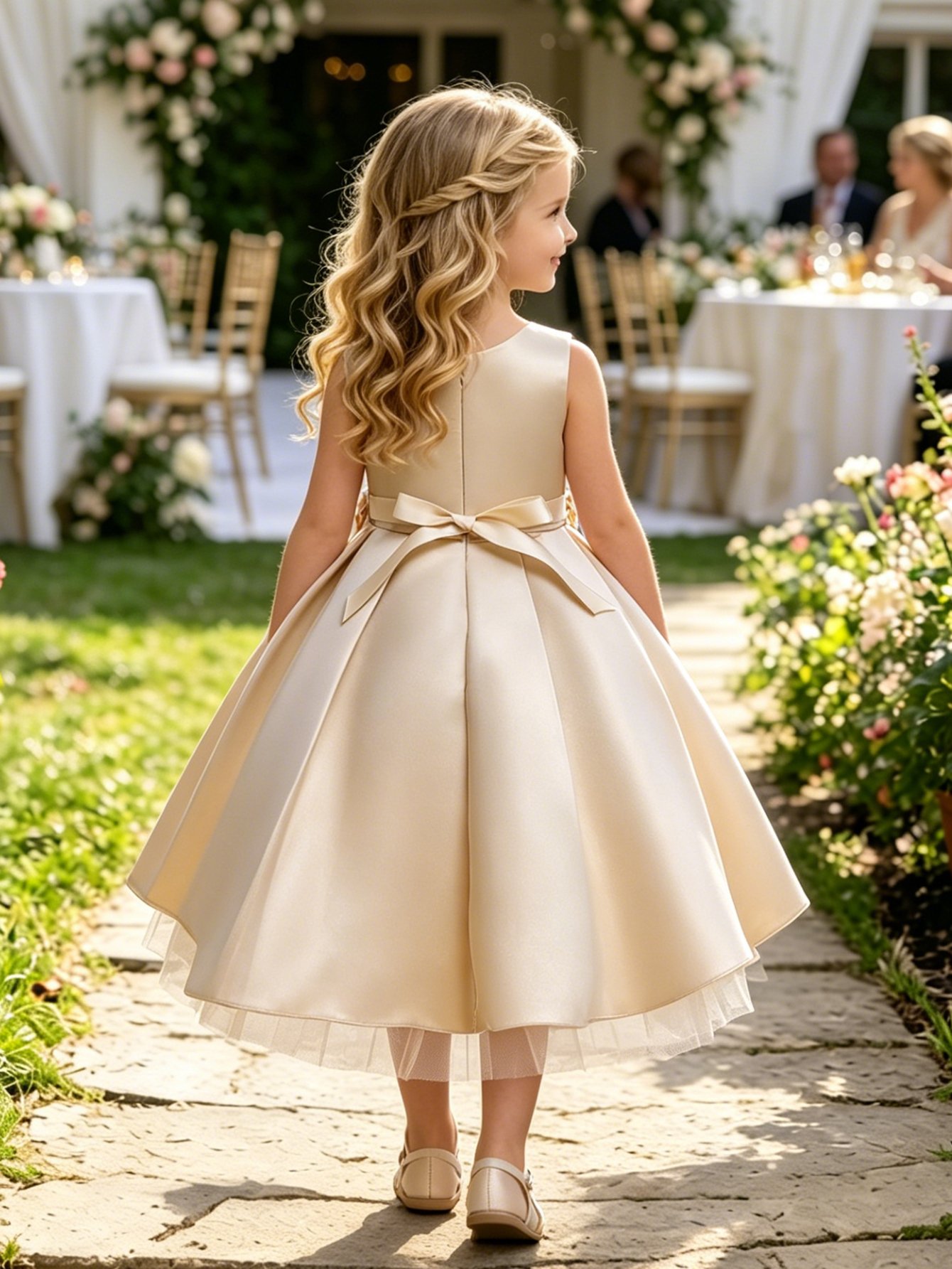 Beige A-Line Knee-Length Flower Dress
