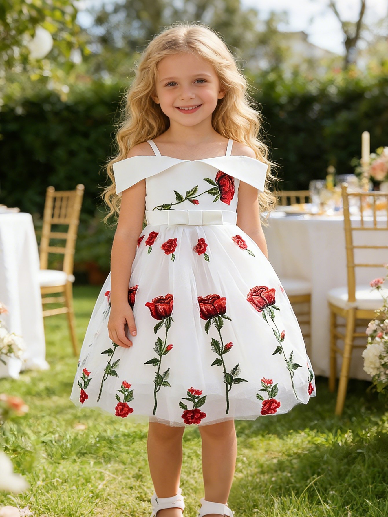 Girls White A-Line Knee-Length Rose Embroidered Dress