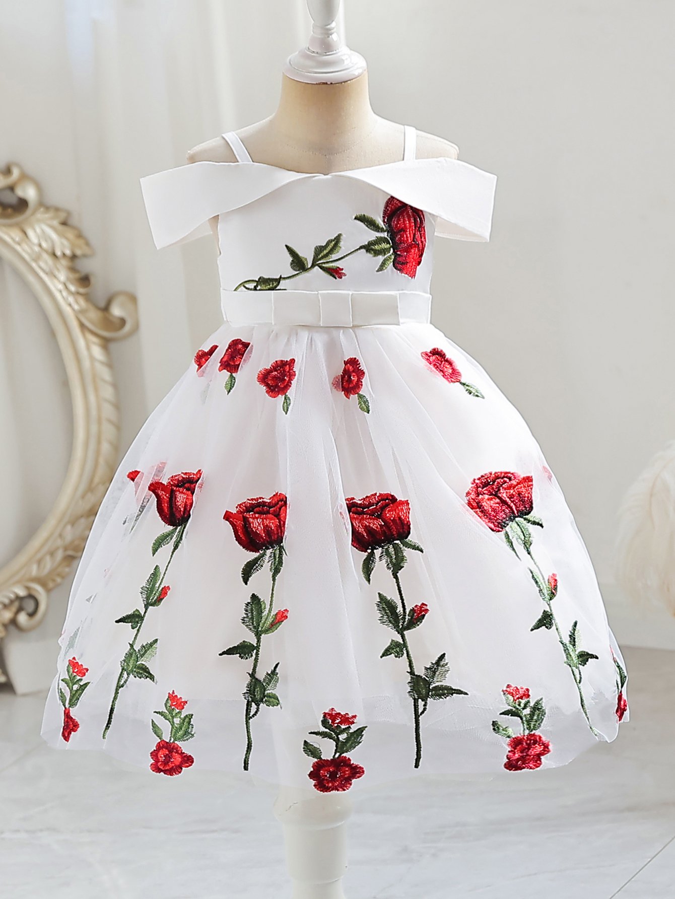Girls White A-Line Knee-Length Rose Embroidered Dress