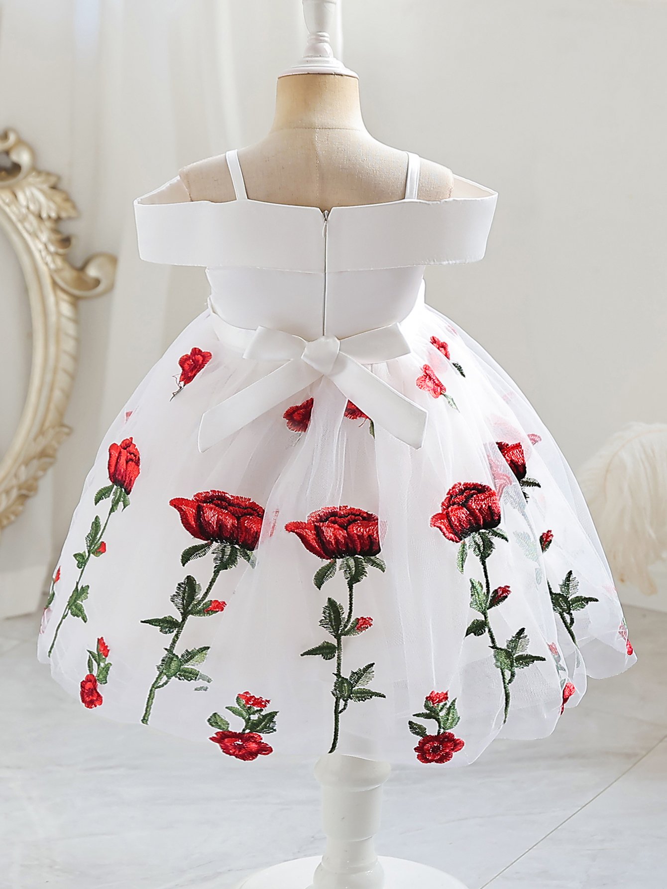 Girls White A-Line Knee-Length Rose Embroidered Dress