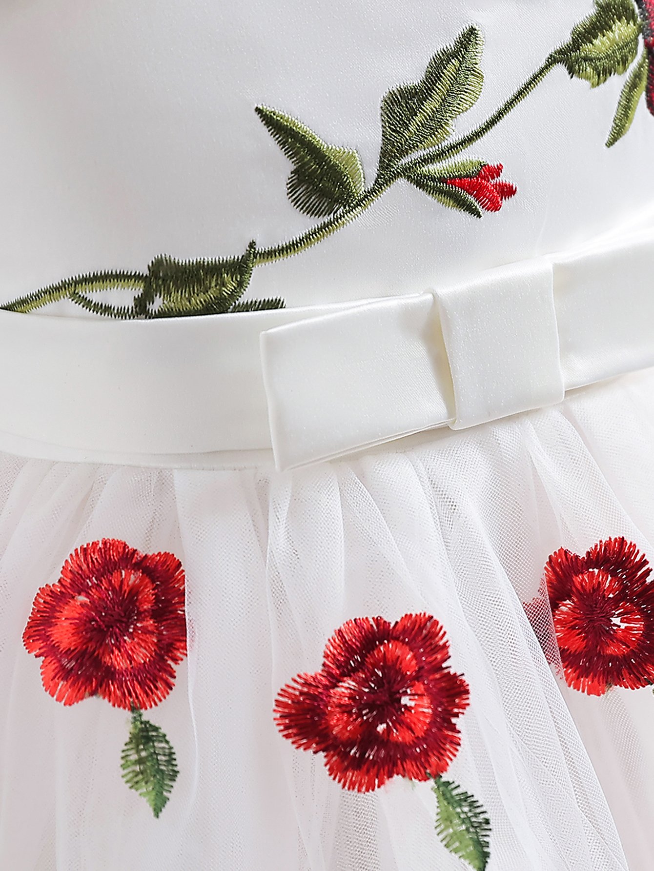 Girls White A-Line Knee-Length Rose Embroidered Dress