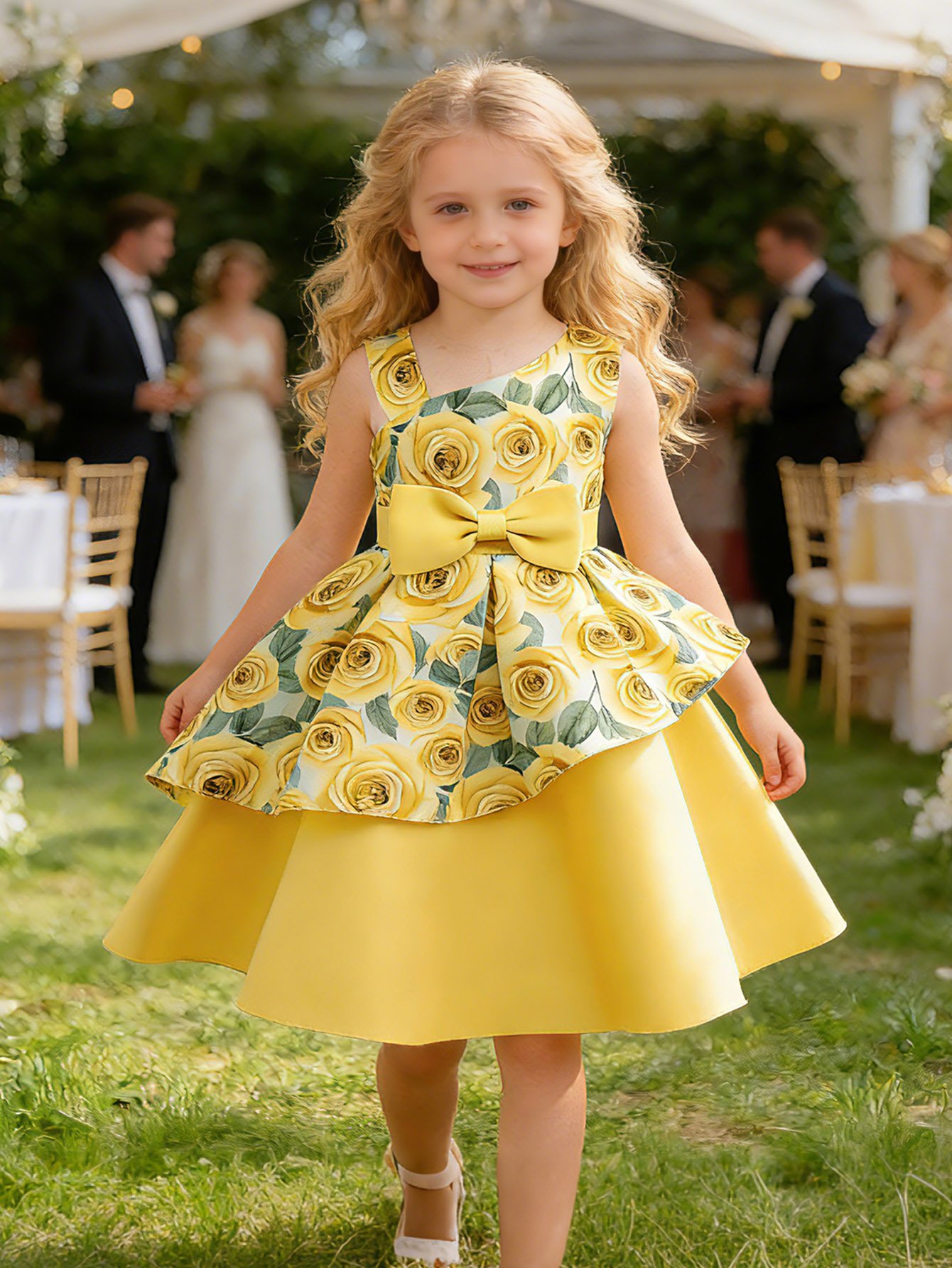 Yellow Rose A-Line Knee-Length Flower Dress