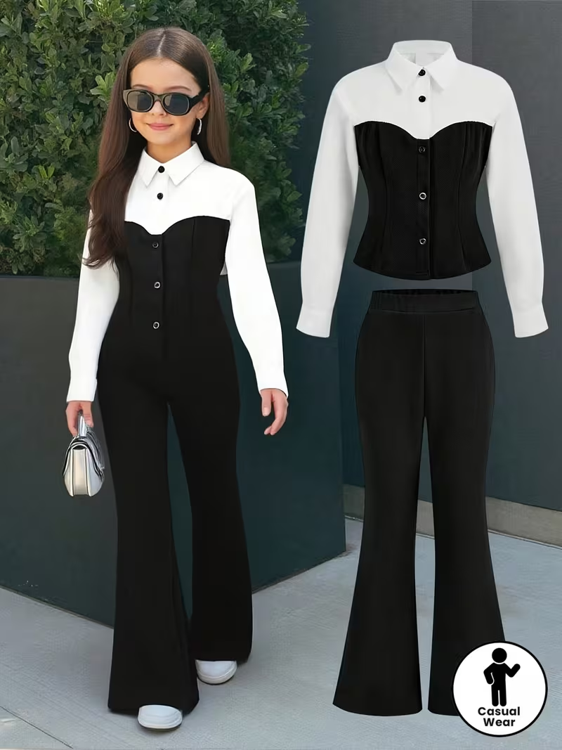 Long-Sleeved Shirt and Flared Pants Set
