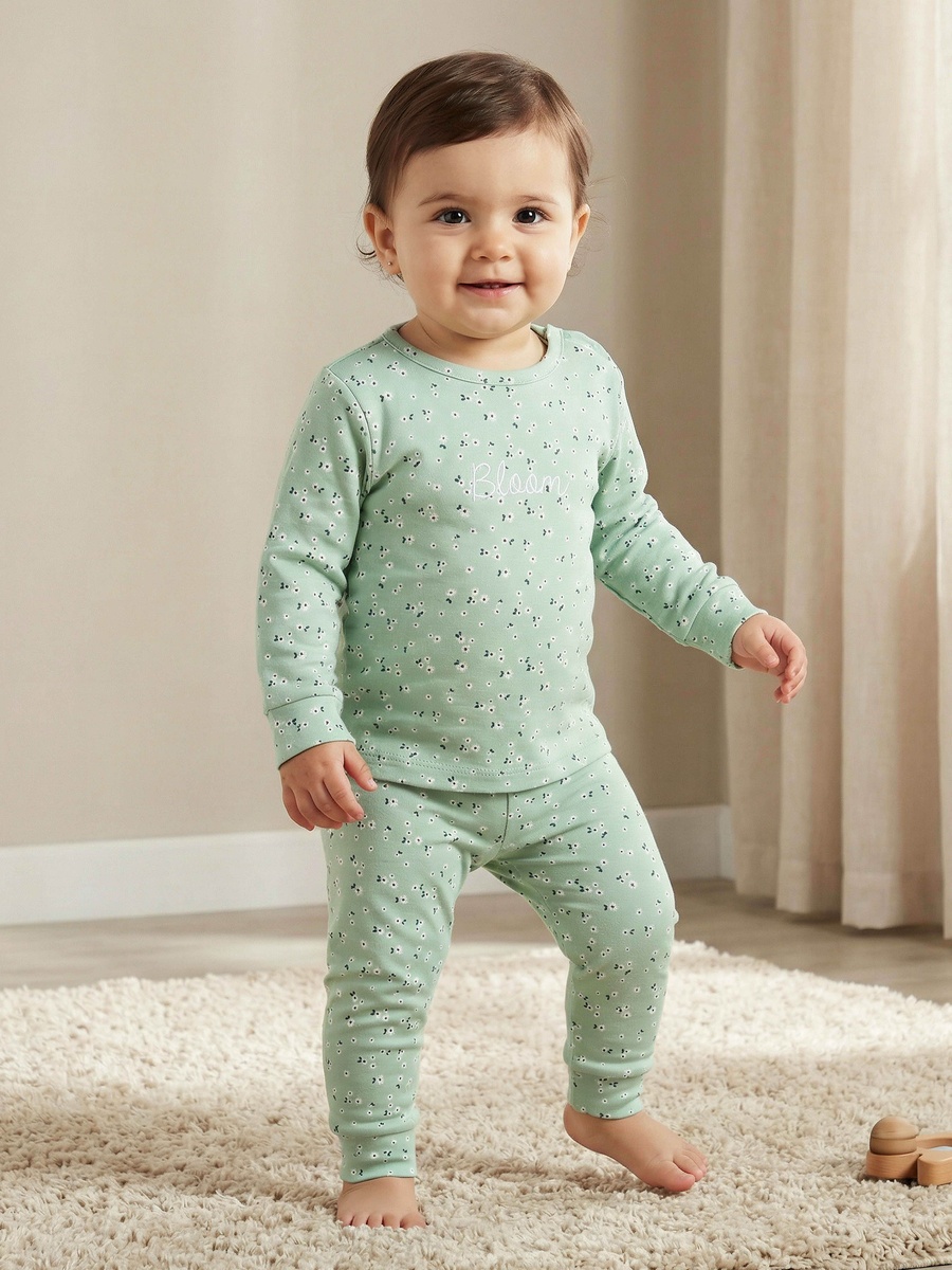 Cotton Round Neck Long Sleeves Pyjama Set with Floral Print
