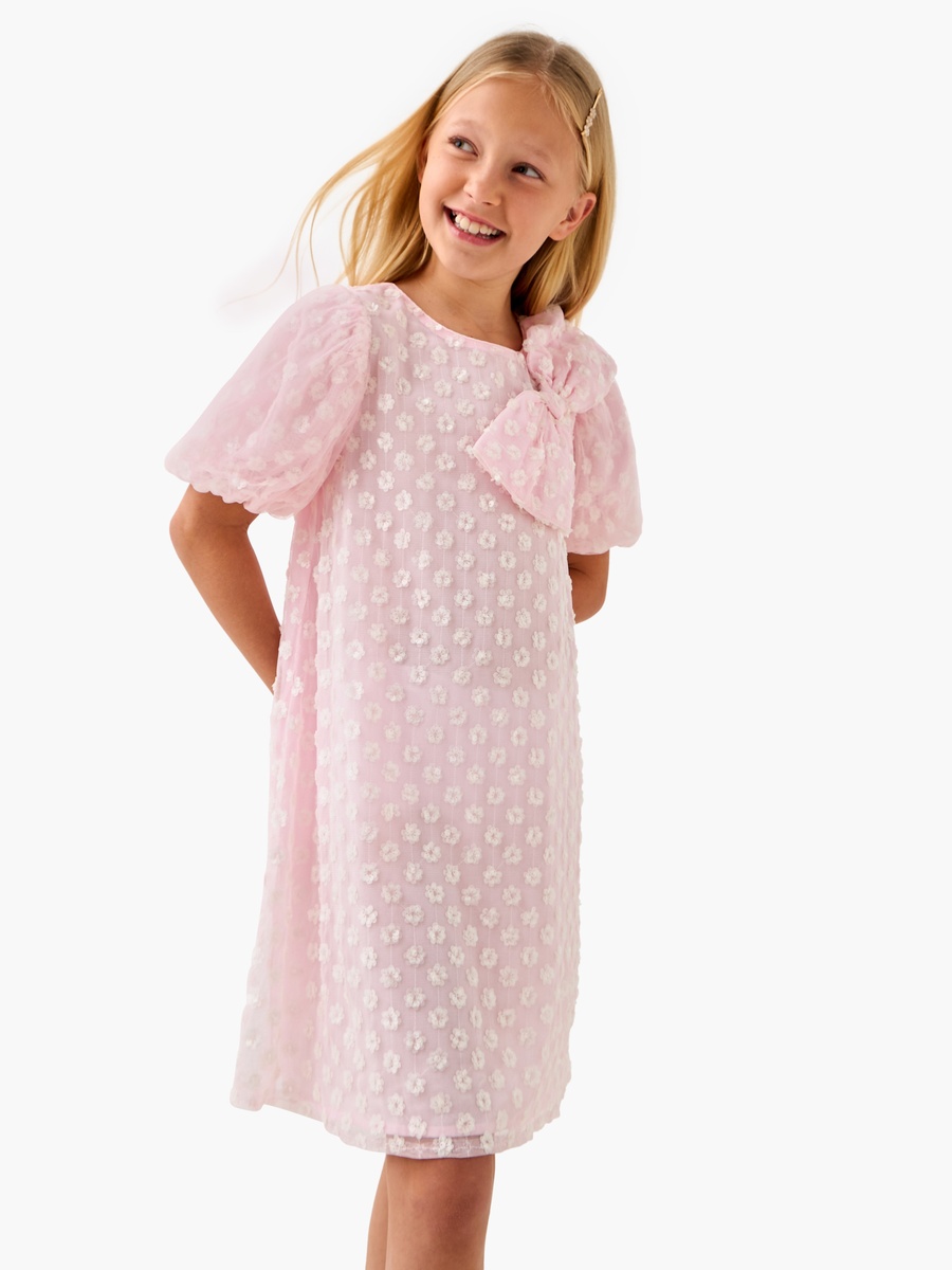Embellished Dress with Bow Accent and Balloon Sleeves