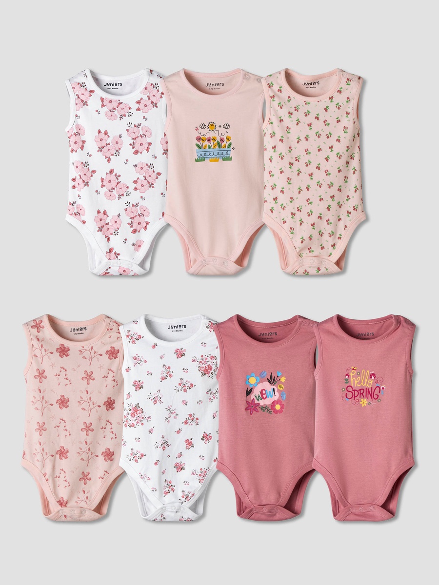 Pack of 7 Cotton Sleeveless Bodysuit with Floral Print