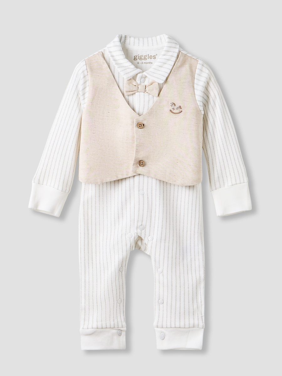 Striped Waistcoat Overlay Sleepsuit with Long Sleeves