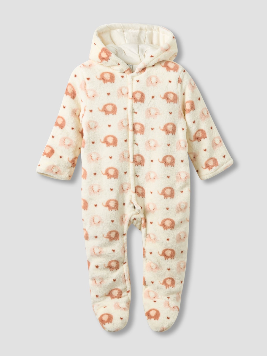 Fleece Hooded Long Sleeve Sleepsuit with Elephant Print