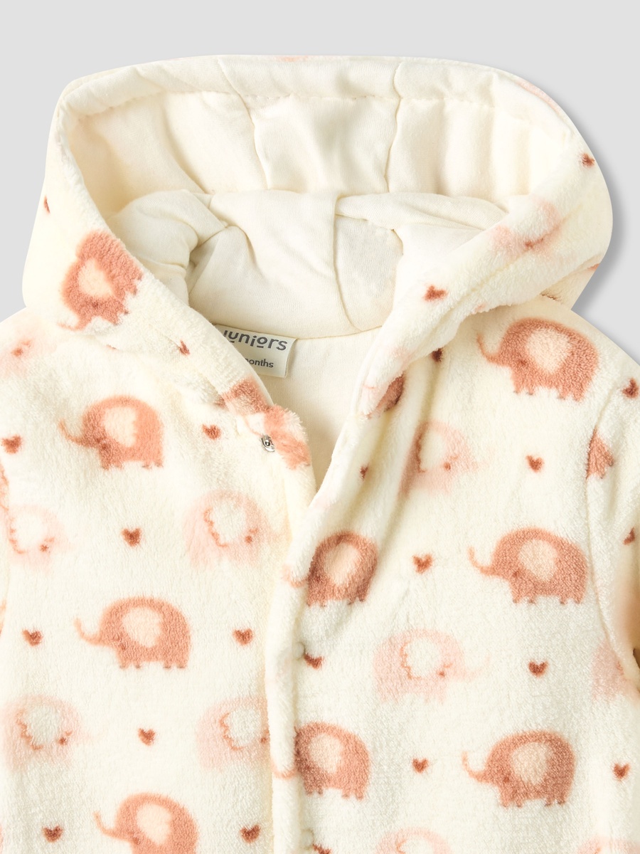 Fleece Hooded Long Sleeve Sleepsuit with Elephant Print