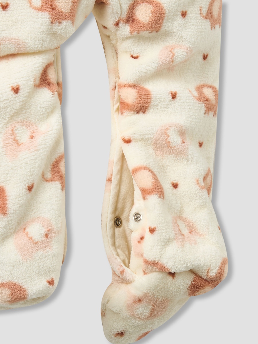 Fleece Hooded Long Sleeve Sleepsuit with Elephant Print