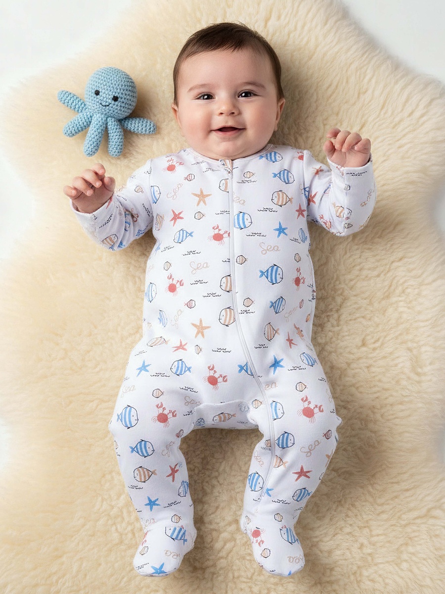 Cotton Round Neck Long Sleeve Sleepsuit with Zip Closure
