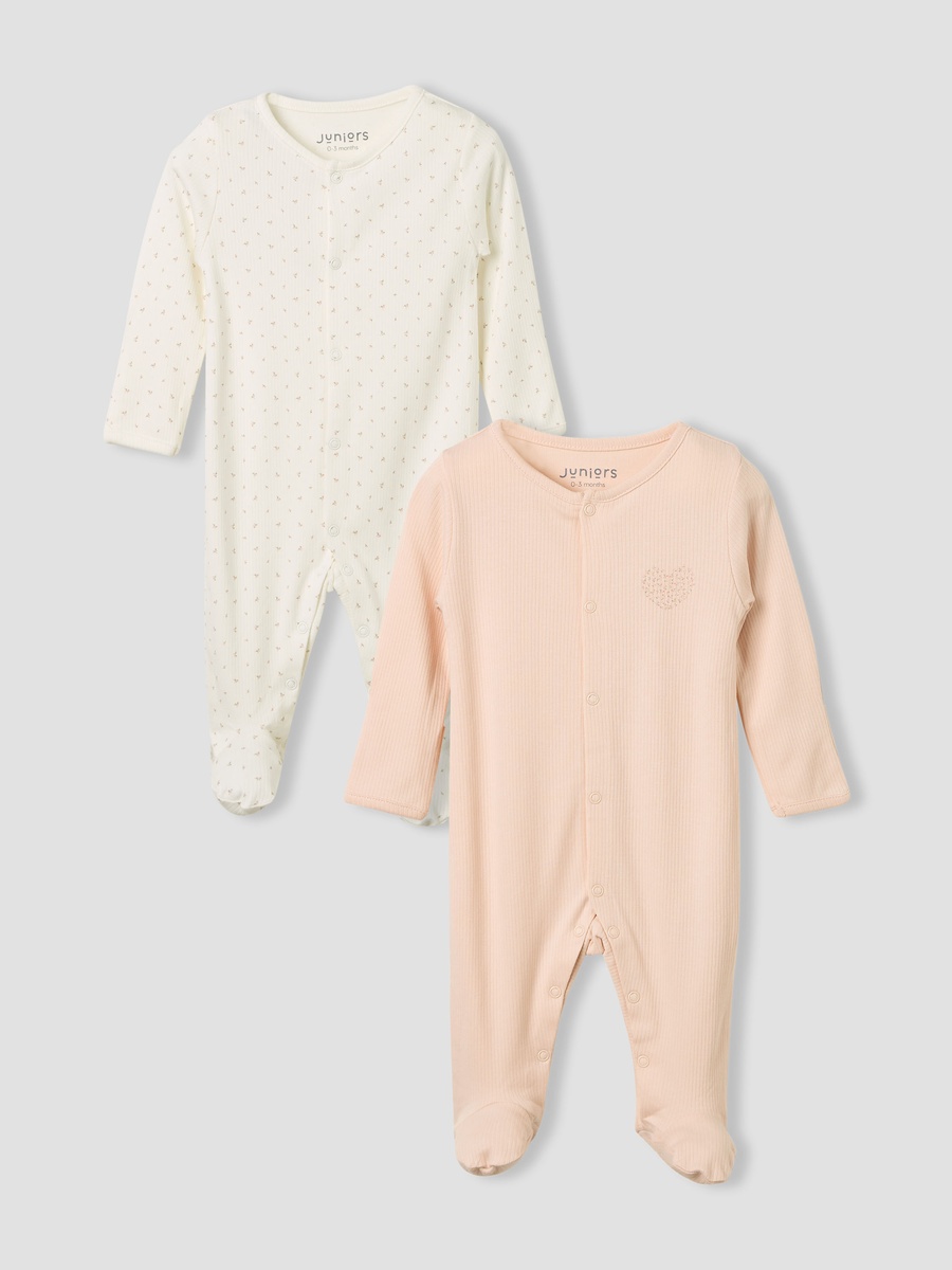 Round Neck Sleepsuit with Snap Button Closure and Long Sleeves - Set of 2