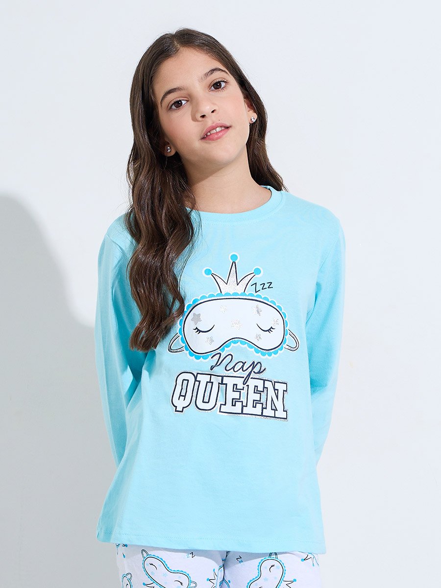 Teen Girls Blue Graphic Print Sweatshirt and Cuffed Pants Pyjama Set