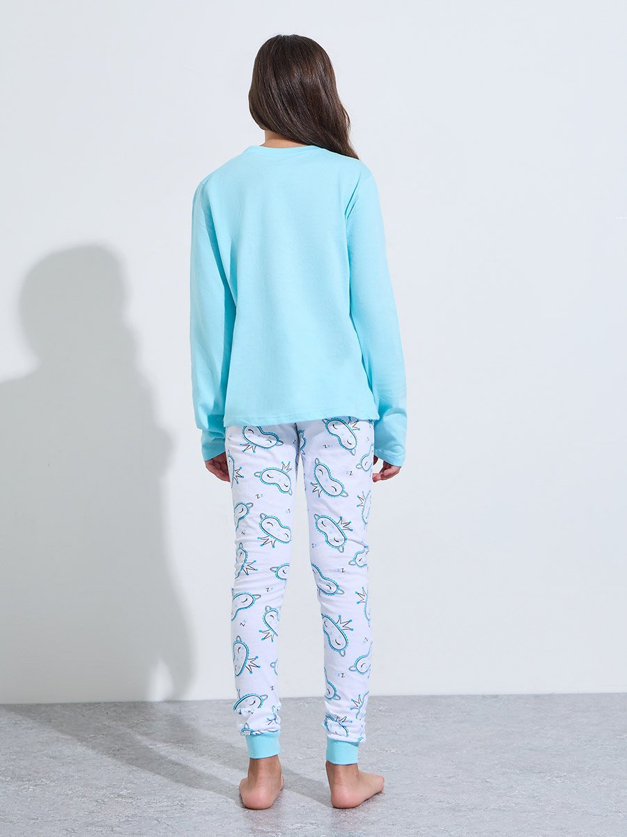 Teen Girls Blue Graphic Print Sweatshirt and Cuffed Pants Pyjama Set
