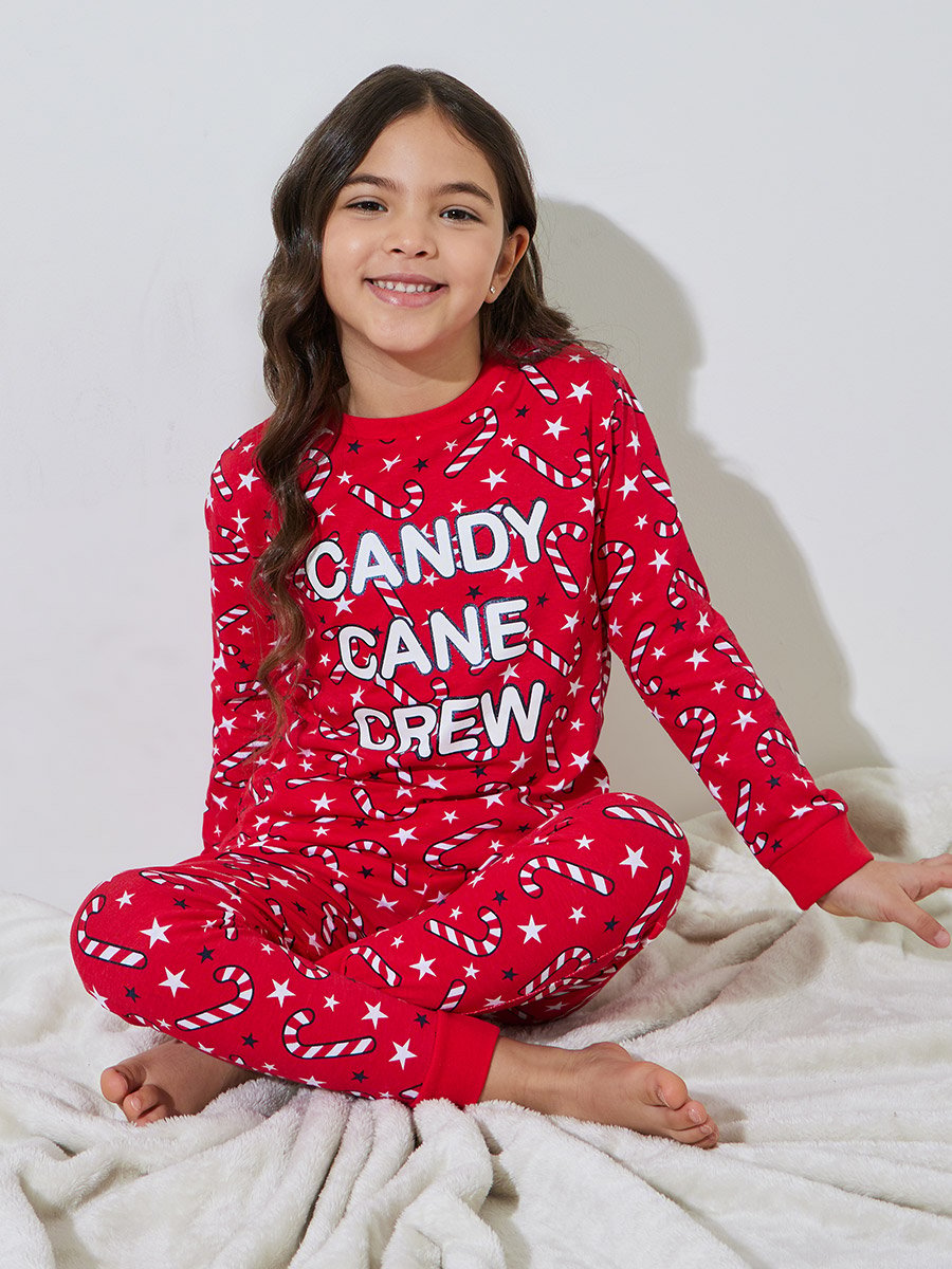 Girls Red All Over Print Sweatshirt and Cuffed Pants Pyjama Set