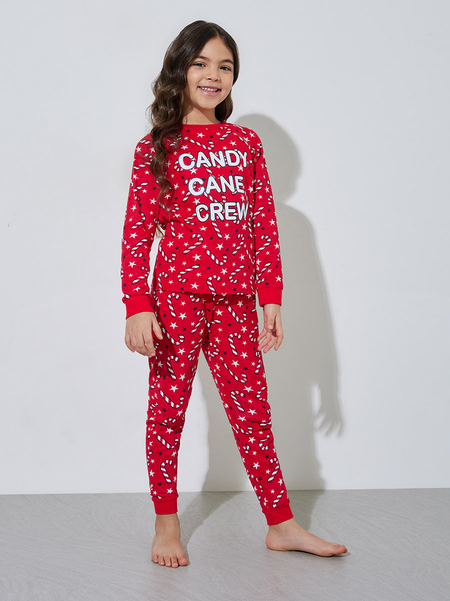 Girls Red All Over Print Sweatshirt and Cuffed Pants Pyjama Set