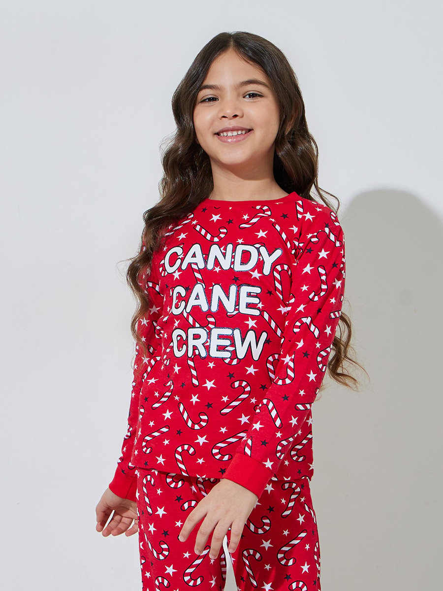 Girls Red All Over Print Sweatshirt and Cuffed Pants Pyjama Set