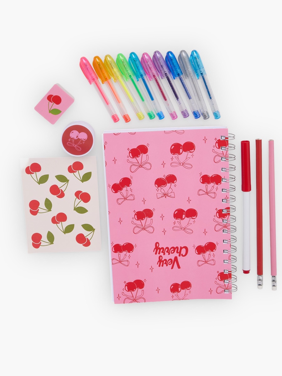 Cherry Print Stationery Set with Notebook, Pens, Sticker Sheet and Eraser - 14-Piece