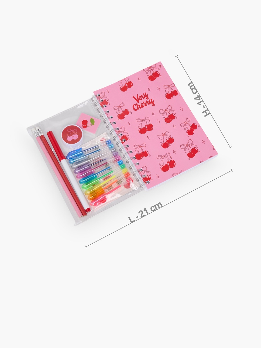 Cherry Print Stationery Set with Notebook, Pens, Sticker Sheet and Eraser - 14-Piece