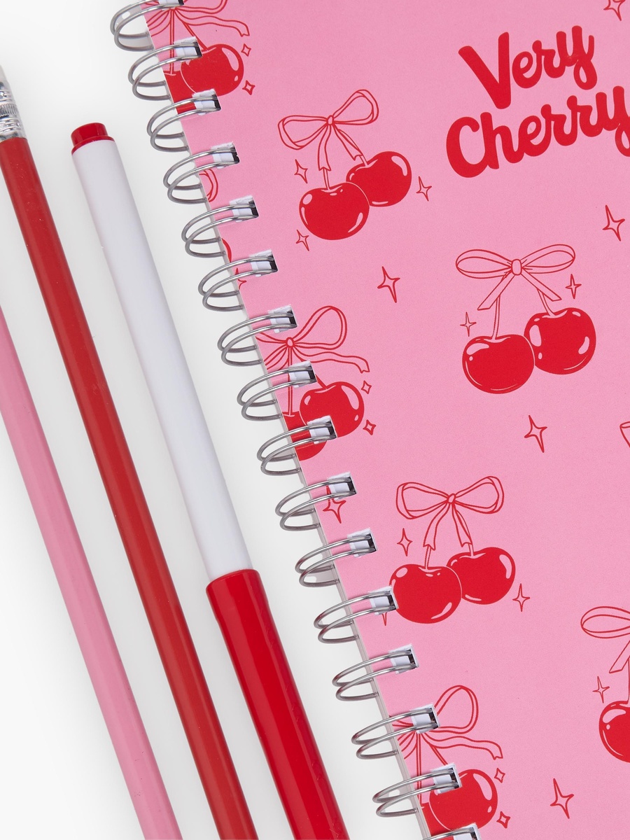 Cherry Print Stationery Set with Notebook, Pens, Sticker Sheet and Eraser - 14-Piece