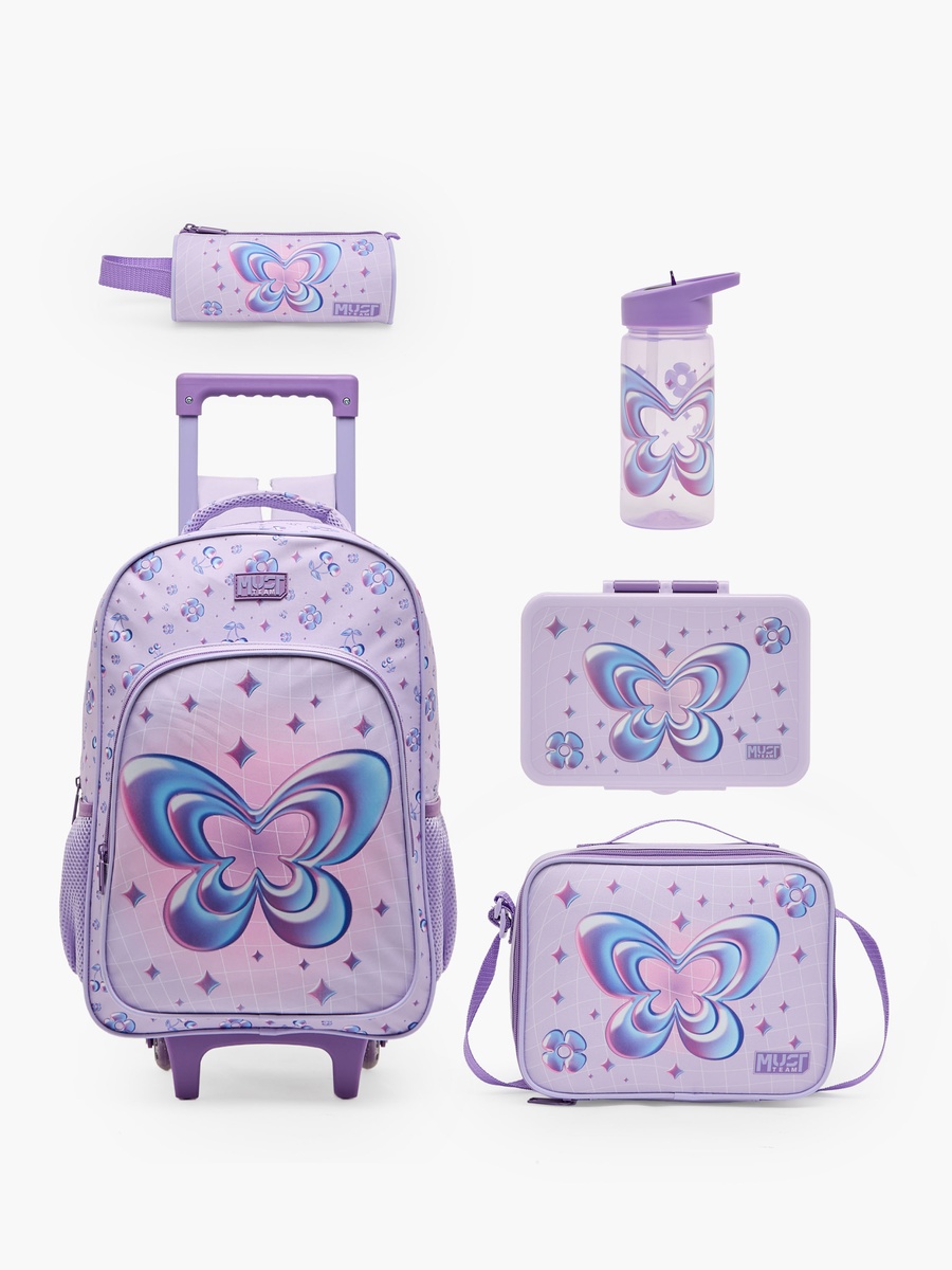Butterfly Print 5-Piece Trolley School Bag Set with Lunch Box-16 inches