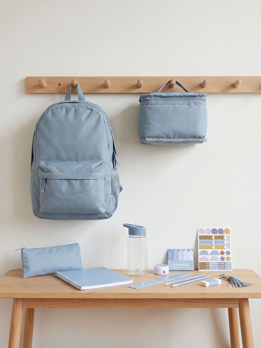 Solid 12-Piece Backpack School Bag Set with Pencil Pouch and Bottle
