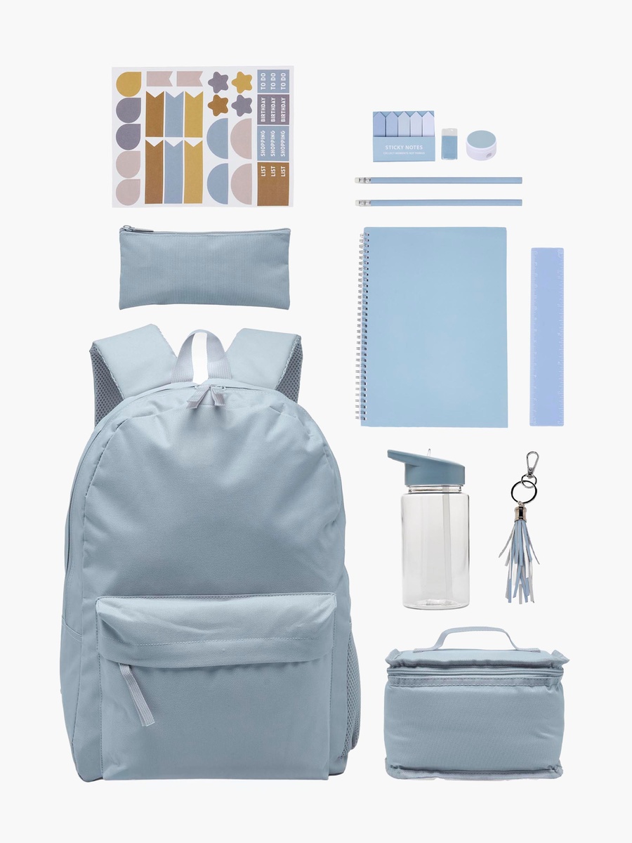 Solid 12-Piece Backpack School Bag Set with Pencil Pouch and Bottle