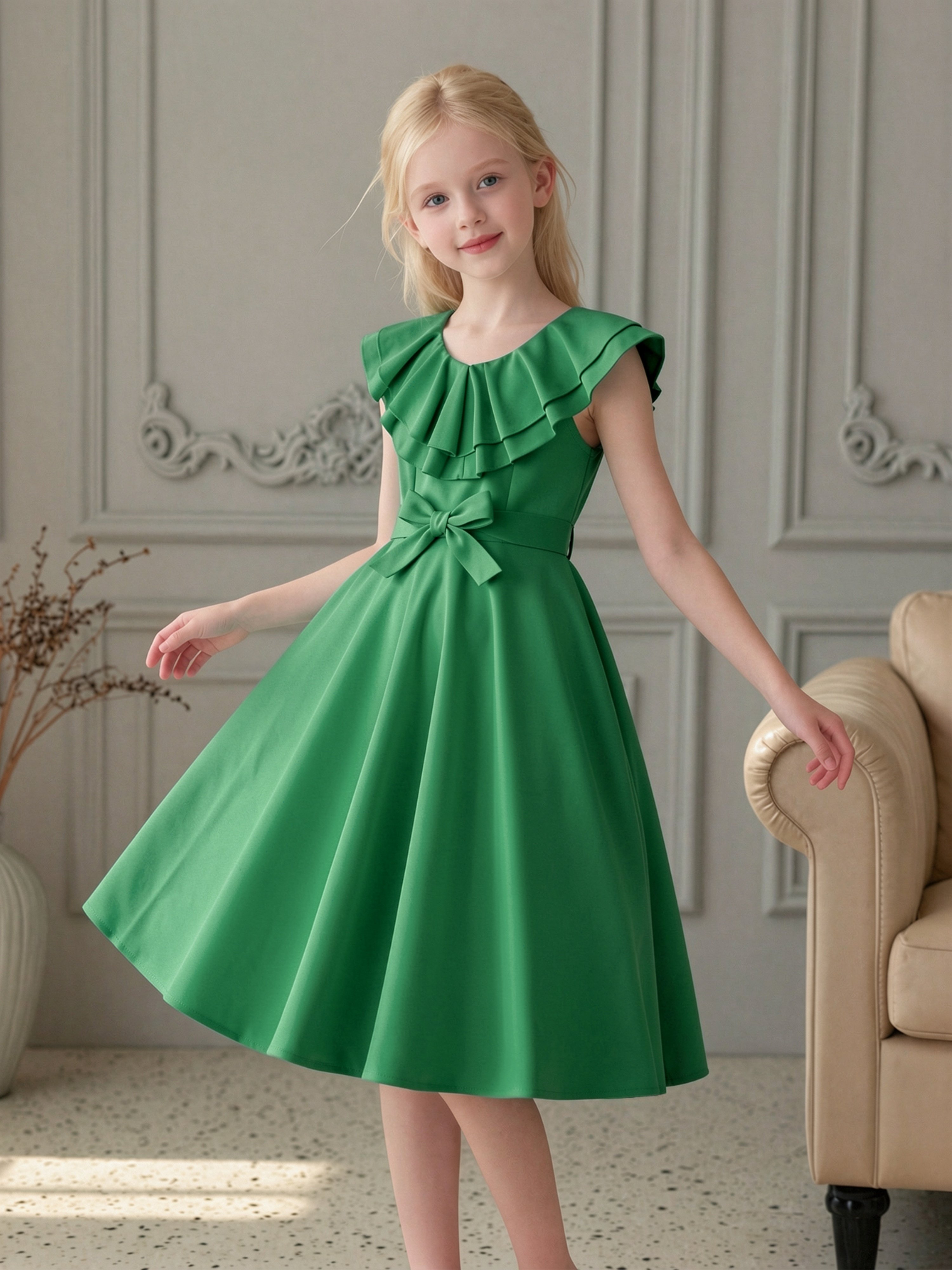 Emerald Green Sleeveless Ruffle Dress