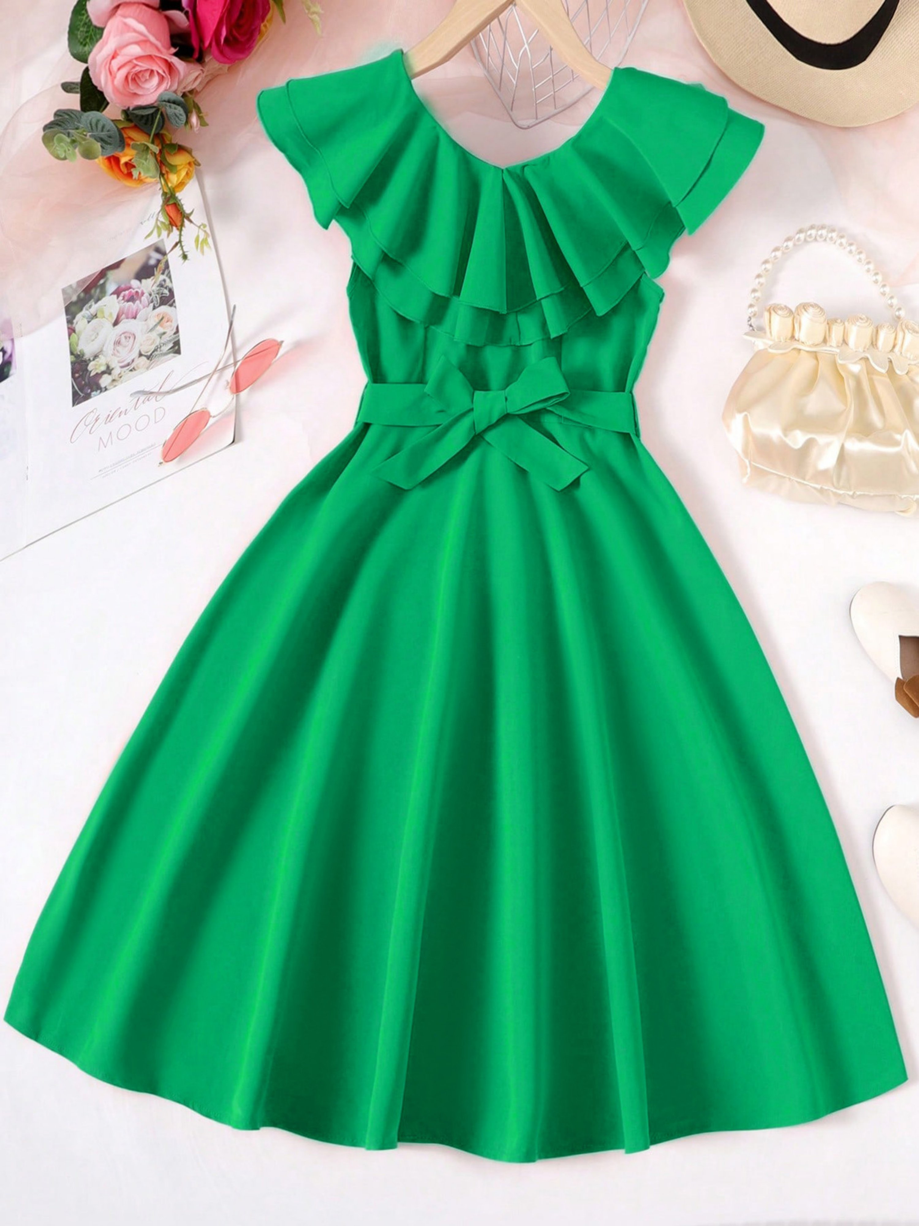 Emerald Green Sleeveless Ruffle Dress