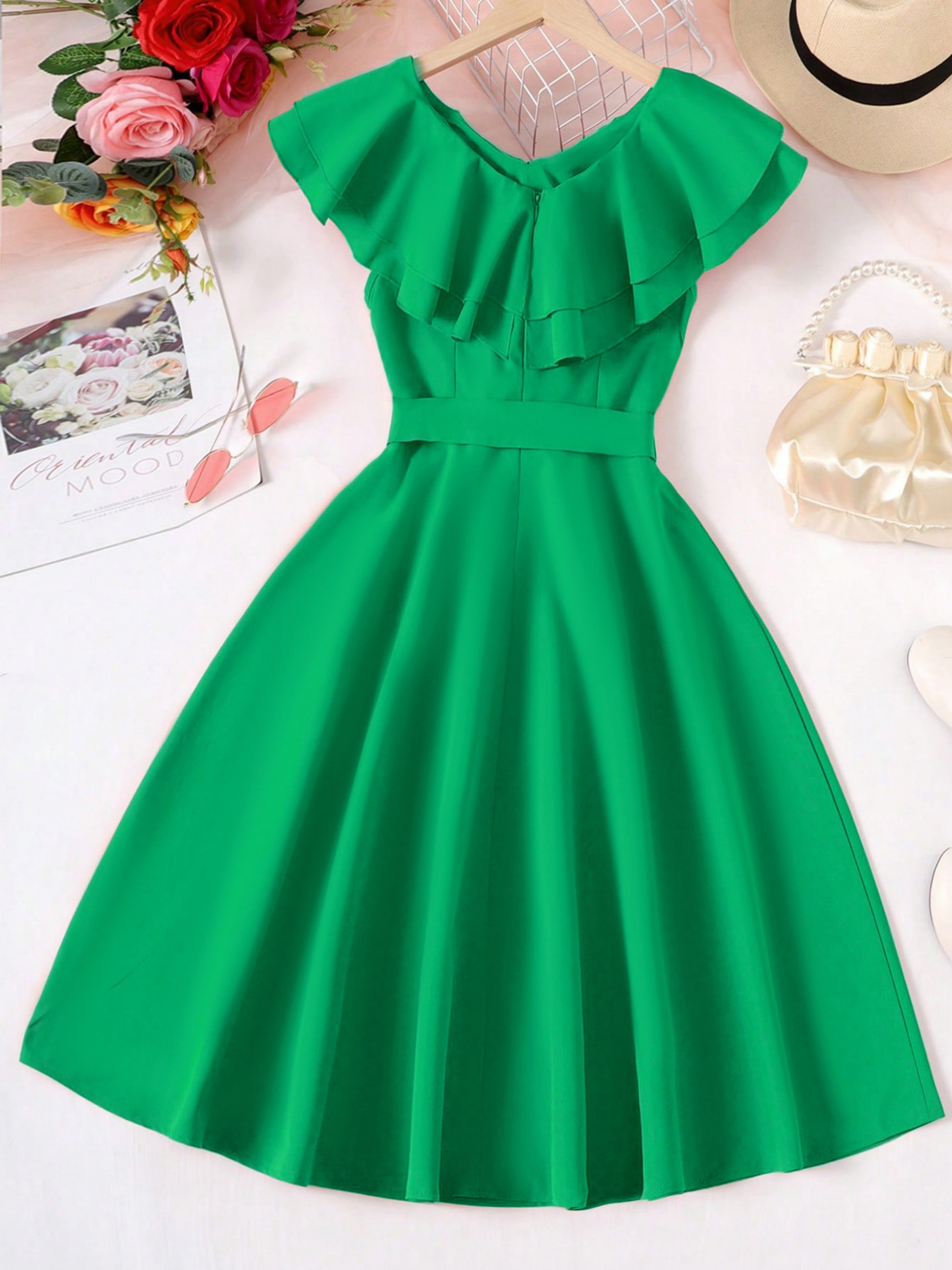 Emerald Green Sleeveless Ruffle Dress