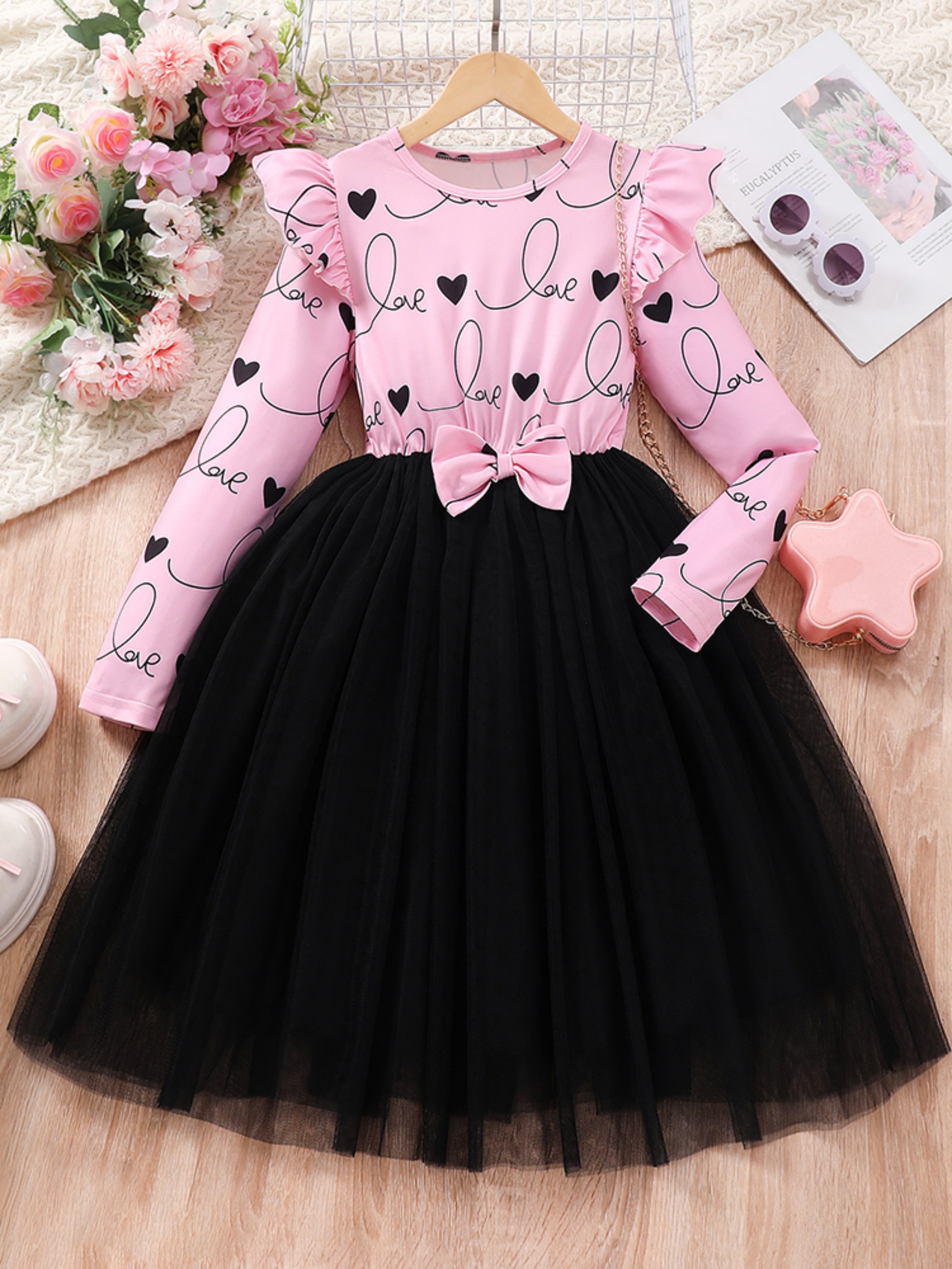 Girls Heart Print Tulle Dress