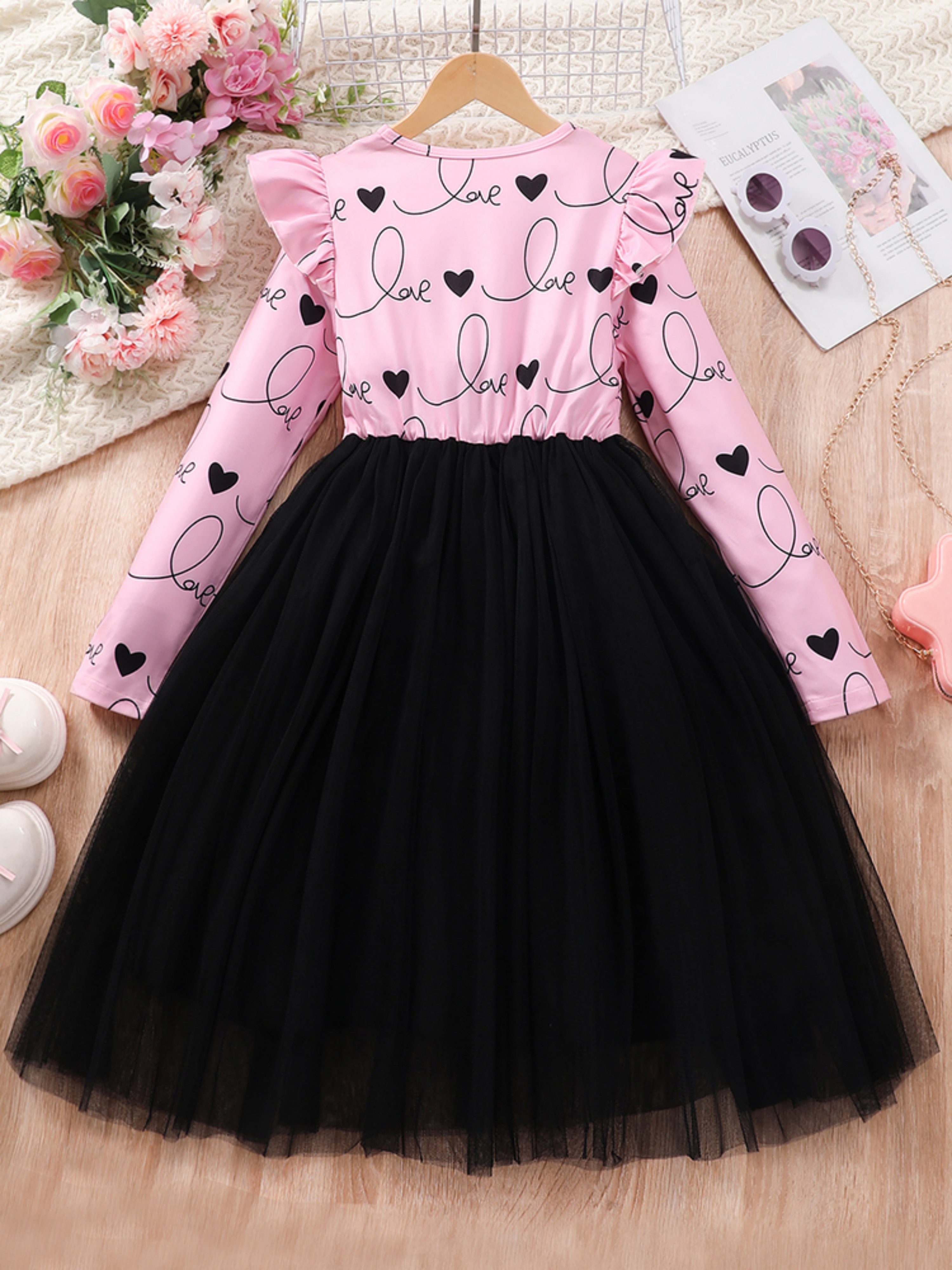 Girls Heart Print Tulle Dress